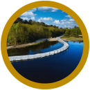 Witte brug slingert over een meer midden in een bosrijk gebied met blauwe lucht.